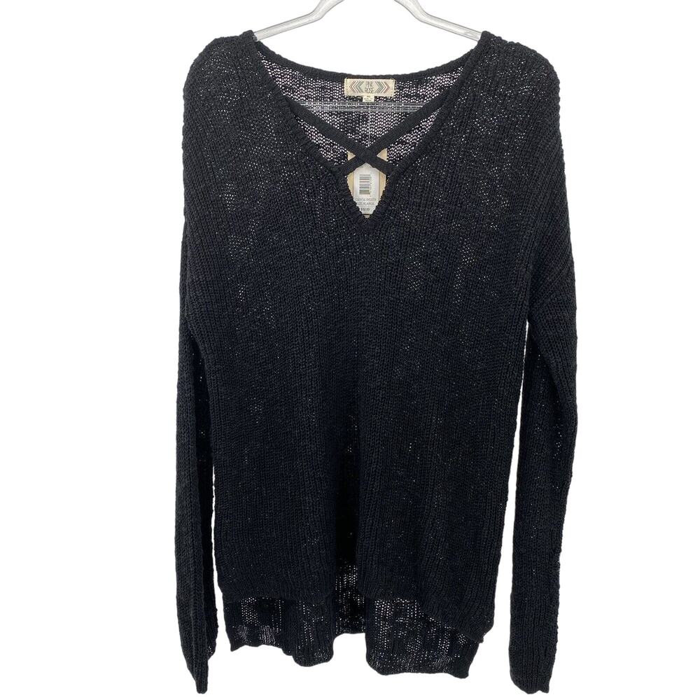 Pink Rose Womens Black Open Weave V-Neck Pullover Sweater Size XL
